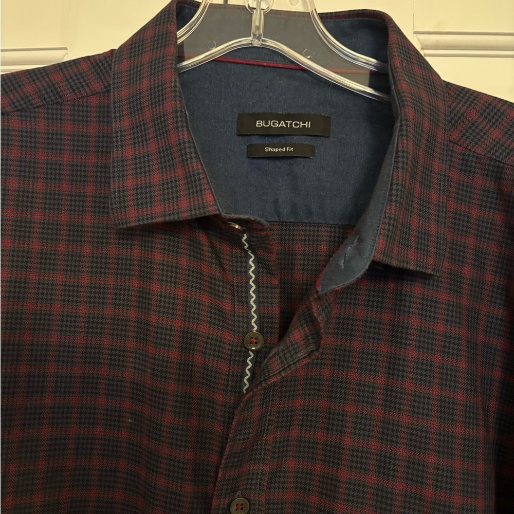 Bugatchi Men's Burgundy and Navy Plaid Shirt - excellent condition